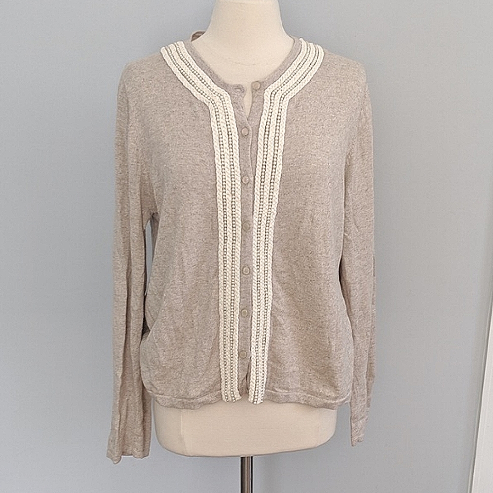 Garnet Hill Cashmere Cotton Oatmeal Pearl Braided Cardigan XL Extra Large
